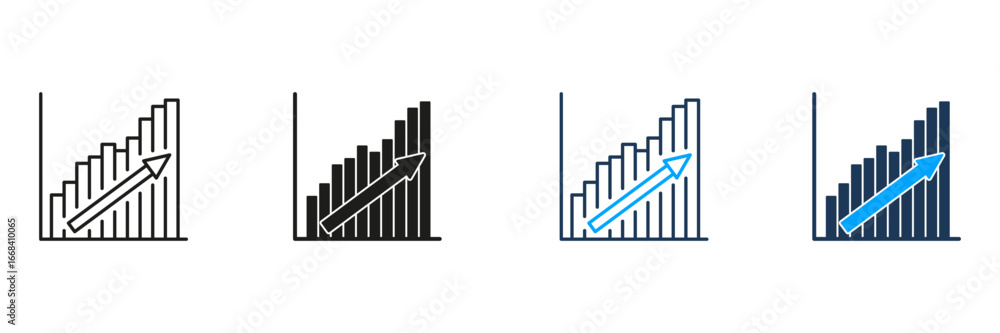 Poster bar chart with upward arrow line and solid icon set. financial growth, business success, and economi