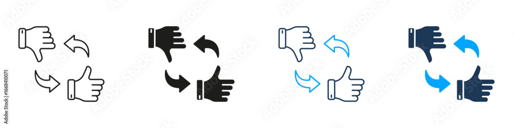 Aufkleber thumbs up and down with arrows line and solid icon set. feedback and opinion exchange symbol collect