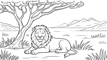 Lion Resting Under a Tree in African Savannah, Black and White Outline Drawing © Pappu0099