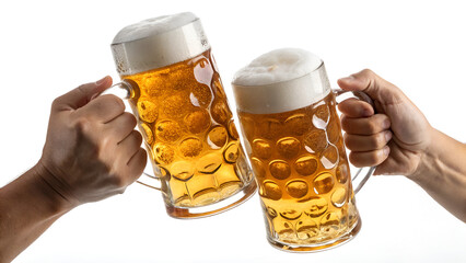 Women and men hand caught beer brewing, create a splash separately on a white background