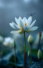 Obraz premium Minimalistic Beautiful Lotus in Full Bloom with Water Reflection, Soft Warm Morning Light, Raining Day, Bright Bokeh Background, Ample Negative Space for Text or Branding, Peaceful and Natural Composi
