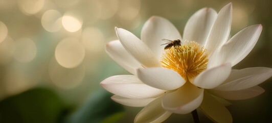 Obraz premium Close-Up Macro of White Lotus Flower Center with Bee on Stamen, Dewy Petals and Leaves, Soft Creamy Bokeh Background, Natural Warm Light, Elegant Composition with Space for Text