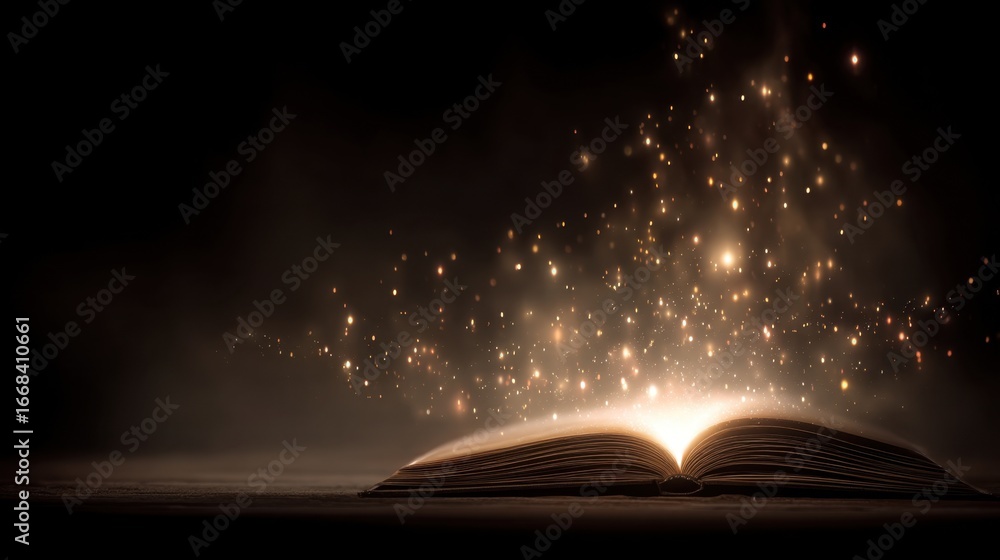 Poster enchanting open book with glowing magic dust and sparkling lights in a dark background