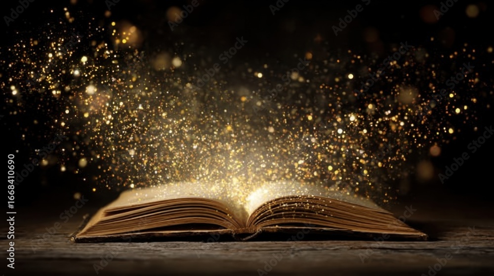 Poster magical open book with sparkling particles and golden light effect on dark background