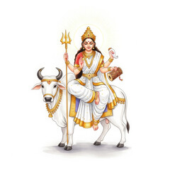Obraz premium Black and white sketch of Hindu Goddess Maa Durga with a bull and holding a trident.