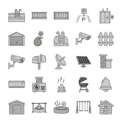 Grey line icons depicting various outdoor and home amenities.