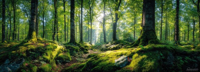 Fototapeta premium Sunlit forest path, mossy ground, tall trees, dappled light filtering through leaves