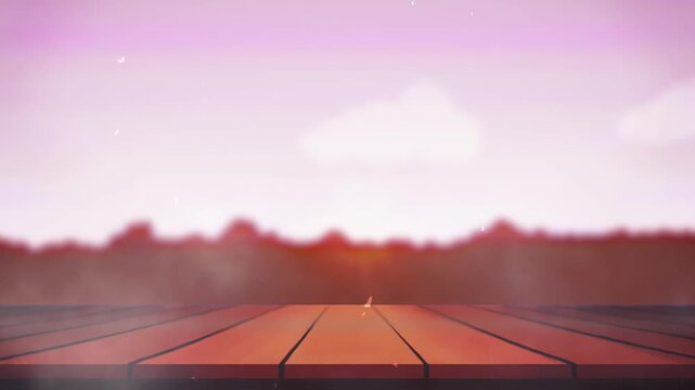 Table with Space for an Object and Misty Evening Landscape Background with Copy Space for Text	
