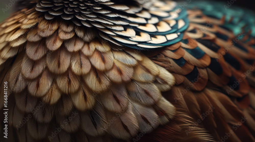 Poster close-up view of colorful bird feathers showcasing intricate texture and natural patterns in a capti