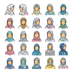 Collection of diverse women wearing hijabs in various colors and styles, showcasing cultural attire.