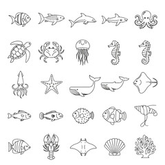 Obraz premium Collection of outline drawings of various marine animals including fish, crustaceans, and other sea creatures.