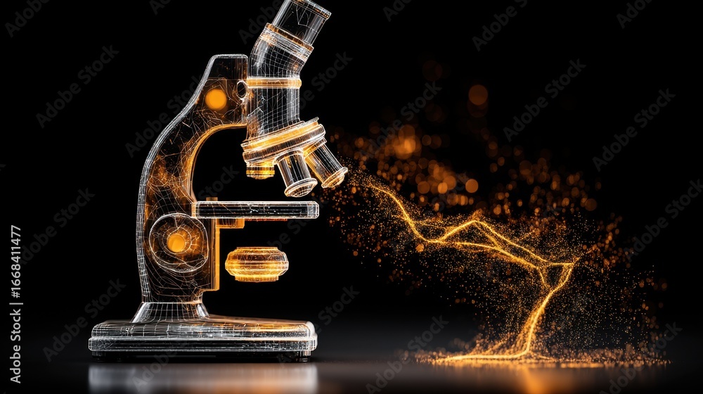 Poster futuristic microscope with sparkling particles and light effects in a dark background for science an