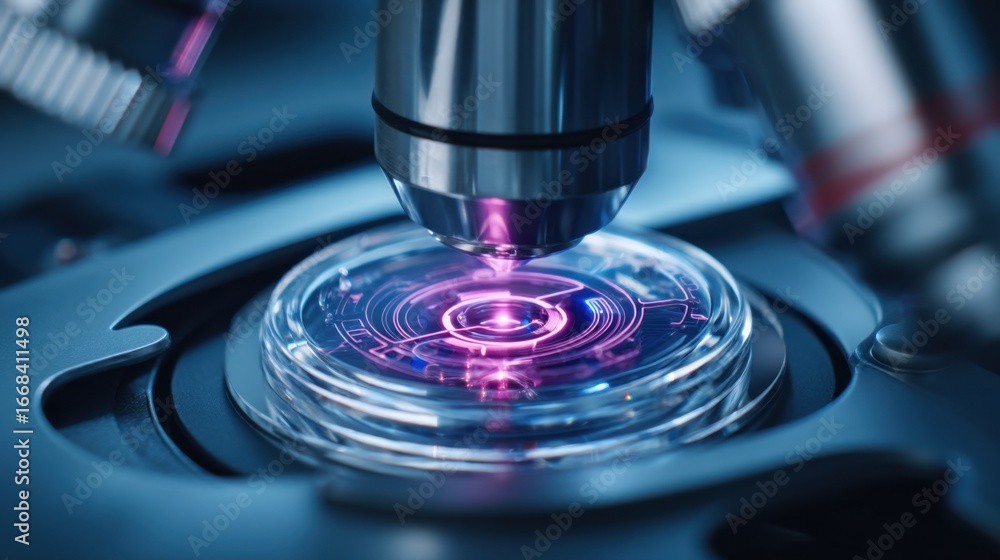 Poster close-up view of a modern microscope with colorful light effects illuminating a glass slide in a lab