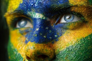 A person's face painted with the Brazilian flag, showing striking blue eyes and pride.