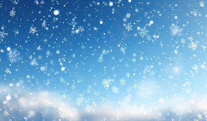 Fototapeta premium A digitally created image of a bright blue sky with falling snow; various sized snowflakes are scattered against a backdrop of clouds near the bottom