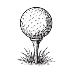 Vintage style ink drawing of a golf ball on a tee in the grass, symbolizing the start of a game