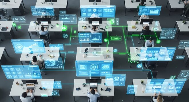 A futuristic office with interconnected digital displays showing data and network connections.