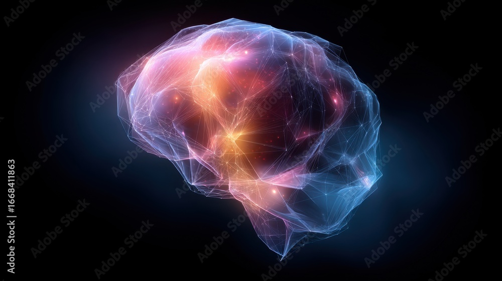 Poster abstract artistic representation of a colorful brain with glowing neural connections in a dark backg