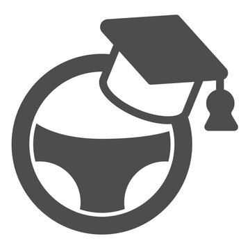 Steering wheel and hat solid icon, driver license concept. Vector graphics. Wheel and driving school graduation cap sign on white background, glyph style icon for mobile or web design.