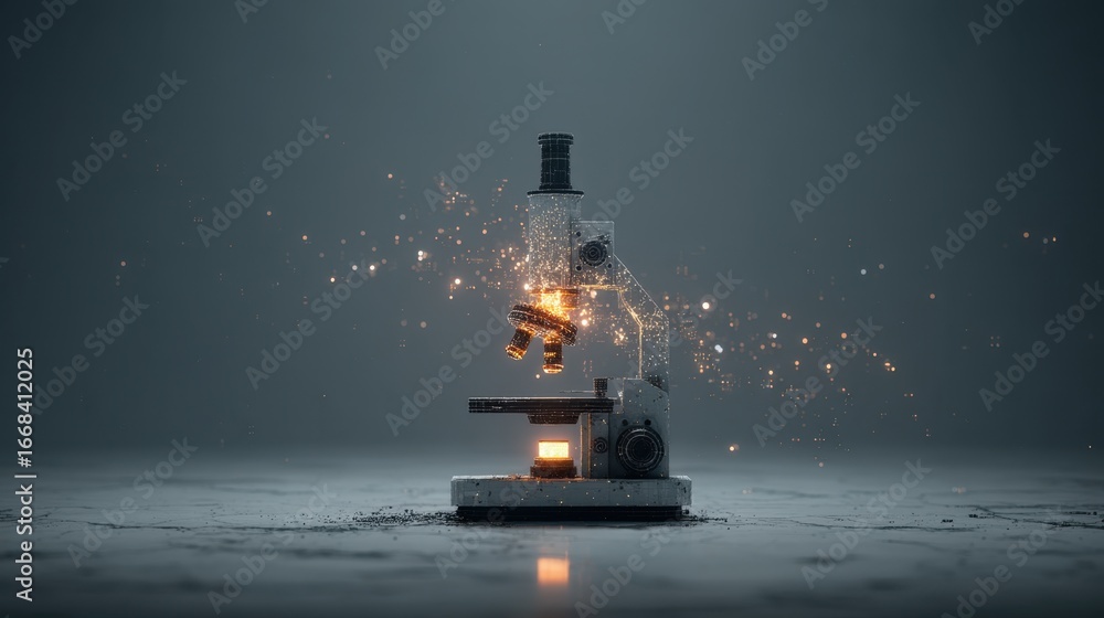 Poster modern microscope with sparkling effects in a dark environment for science and lab imagery