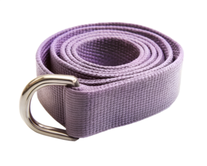Rolled purple fabric belt with metal buckle isolated on transparent background