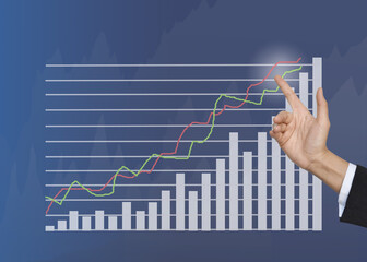 Hand touching growth graphs of financial indicator and accounting market economy analysis chart, business strategy concept.