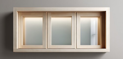 sophisticated pine window with pivot opening, frosted glass, polished edge with clean symmetry.
