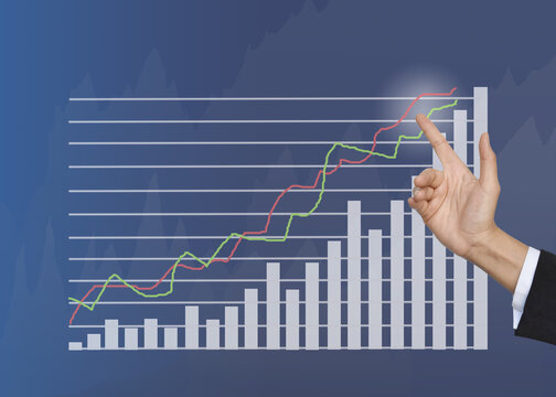 Hand touching growth graphs of financial indicator and accounting market economy analysis chart, business strategy concept. - Powered by Adobe