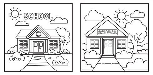 Cartoon School Building Vector Outline Illustration for Coloring Book, School building coloring page, Cartoon school outline drawing, Simple school vector illustration, Kids education building sketch