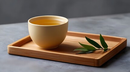 A peaceful tea cup on a wooden tray with green leaves