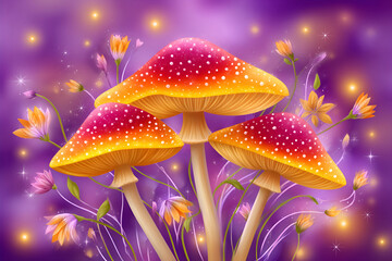 Vibrant magical mushrooms and glowing flowers on a mystical purple background