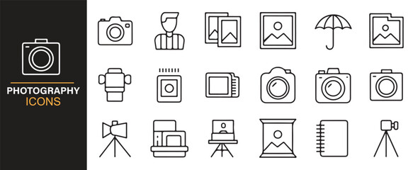 Collection of vector icons for photography including studio equipment and frames.