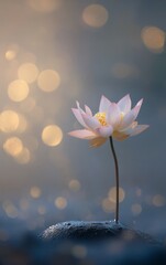 Minimalistic Beautiful Lotus in Full Bloom with Water Reflection, Soft Warm Morning Light, Raining Day, Bright Bokeh Background, Ample Negative Space for Text or Branding, Peaceful 
