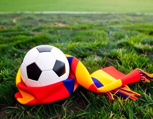 Soccer Ball and Scarf Laying on Green Grass Close Up