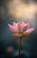 Minimalistic Beautiful Lotus in Full Bloom with Water Reflection, Soft Warm Morning Light, Raining Day, Bright Bokeh Background, Ample Negative Space for Text or Branding, Peaceful 