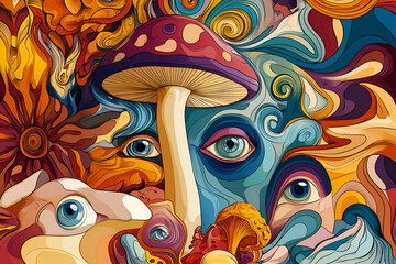 Surreal art with mushrooms, eyes, and abstract swirls in vibrant colors