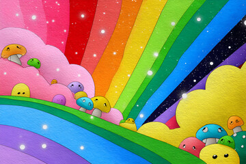 Whimsical rainbow landscape with colorful smiling mushrooms and starry sky