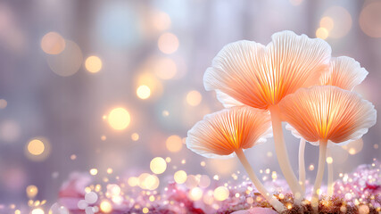 Enchanting mushrooms with soft bokeh glow in serene forest setting