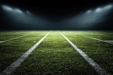 Obraz premium Nighttime view of an empty football field illuminated by stadium lights; the field extends to a dark background