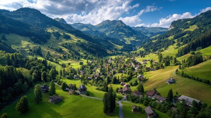 Scenic panorama of the Swiss Alps shows valley with lush greenery, houses, trees, winding road, mountains, and cloudy sky on a sunny summer day