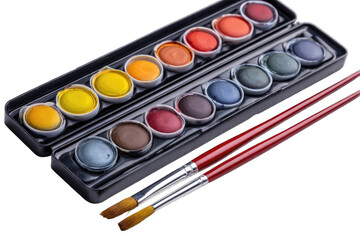 Watercolor paints and brushes in a case