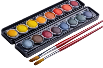 Watercolor paints and brushes in a case