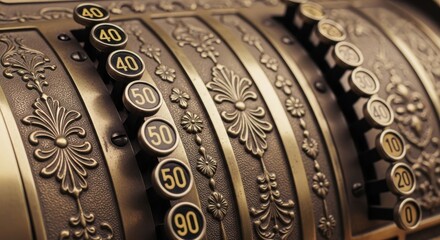 Close up of an antique cash register with ornate details