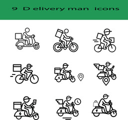 Collection of nine delivery man icons on scooters and bicycles