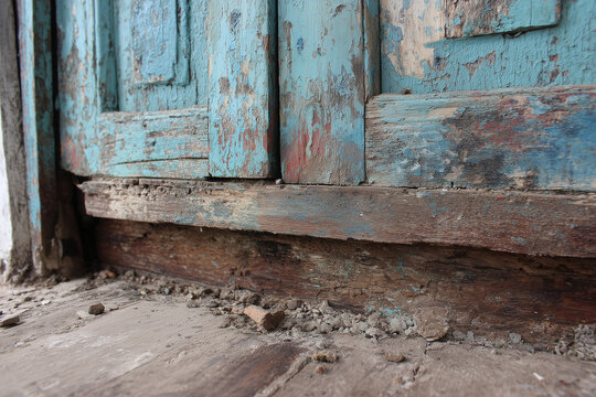 Old wooden door with peeling paint, rotten and hollow bottom, detailed cracked wood texture, dusty old house atmosphere