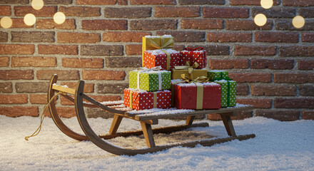 Festive Holiday Sleigh Filled with Colorful Christmas Gift Boxes Decoration