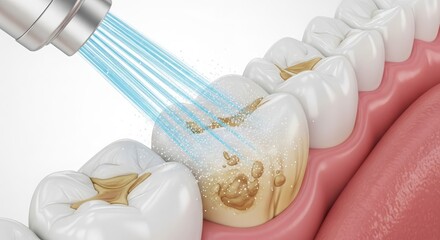 Dental cleaning procedure showcasing a dentist using a water spray on a tooth, highlighting oral hygiene