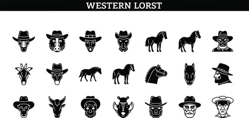 Fototapeta premium “Western Lorst” icon set—20 stylized black-and-white illustrations of cowboys, horses, bulls, and western characters for thematic branding, UI avatars, and folklore-inspired UX