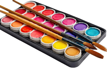 Watercolor paints and brushes in a tray
