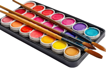 Watercolor paints and brushes in a tray